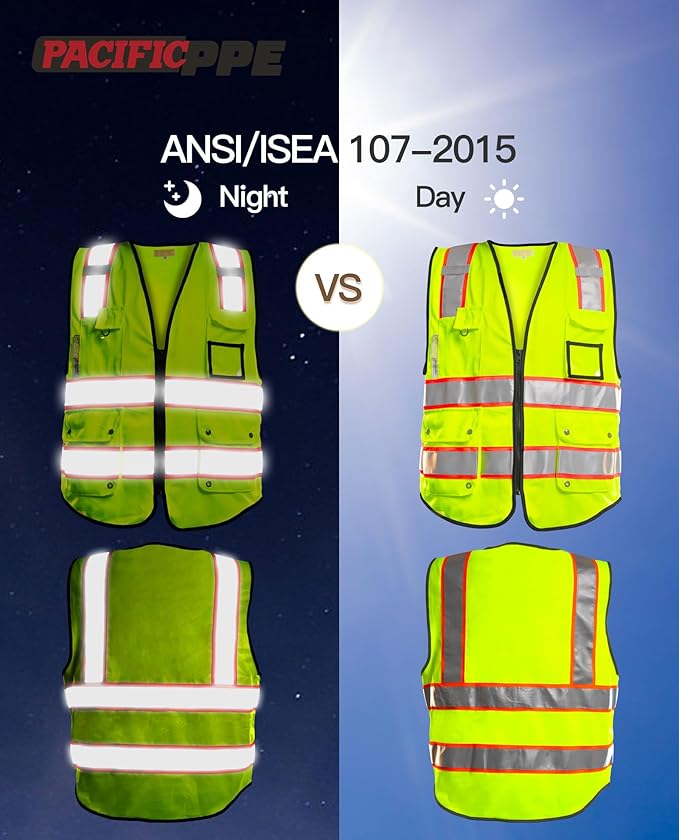 PACIFIC 10 Pockets Class 2 Safety Vest for Men, 3M High Visibility Reflective Strips, Meets ANSI/ISEA Standard, Yellow, Medium
