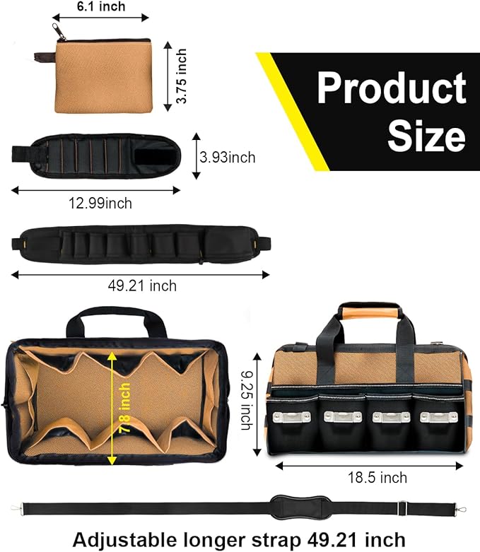 18 Inch Heavy Duty Tool Bag-48 Pockets,1680D Tear&Abrasion Resistant,Includes Tool Pouch,Tool Belt,Magnetic Wristband&Adjustable Shoulder Strap | Tool Organizer(Brown)