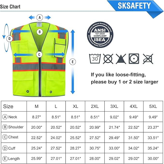 SKSAFETY 10 Pockets Safety Vest, Class 2 High Visibility Security with Zipper Double-sided mesh, Hi Vis Vest with Reflective Strips, ANSI/ISEA Standard, Construction Work Vest （Lime, 4XL）