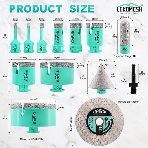 Tile Hole Saw Kit for Porcelain -(6/6/8/20/25/35/50/75/100mm+Finger Bit+Chamfer Bit+Adapter+Tile Blade) Diamond Tile Drill Bits Precision Cutting for Ceramic Marble Brick Granite