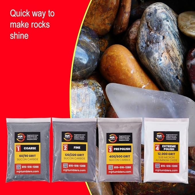 MJR Tumblers Refill Grit Kit w Premium Quality Extreme Polish 12,000 Grit Sub Micron Aluminum Oxide Polish for Unparalleled Result. for 6lb Rock Tumblers w Silicon Carbide, Disabled and Veteran Owned
