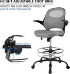 HYLONE Tall Drafting Chair Standing Desk Chair with Flip-Up Armrests, Adjustable Height Ergonomic Office Chair with Footrest Ring - High Stool Chair for Standing Desk（Grey）