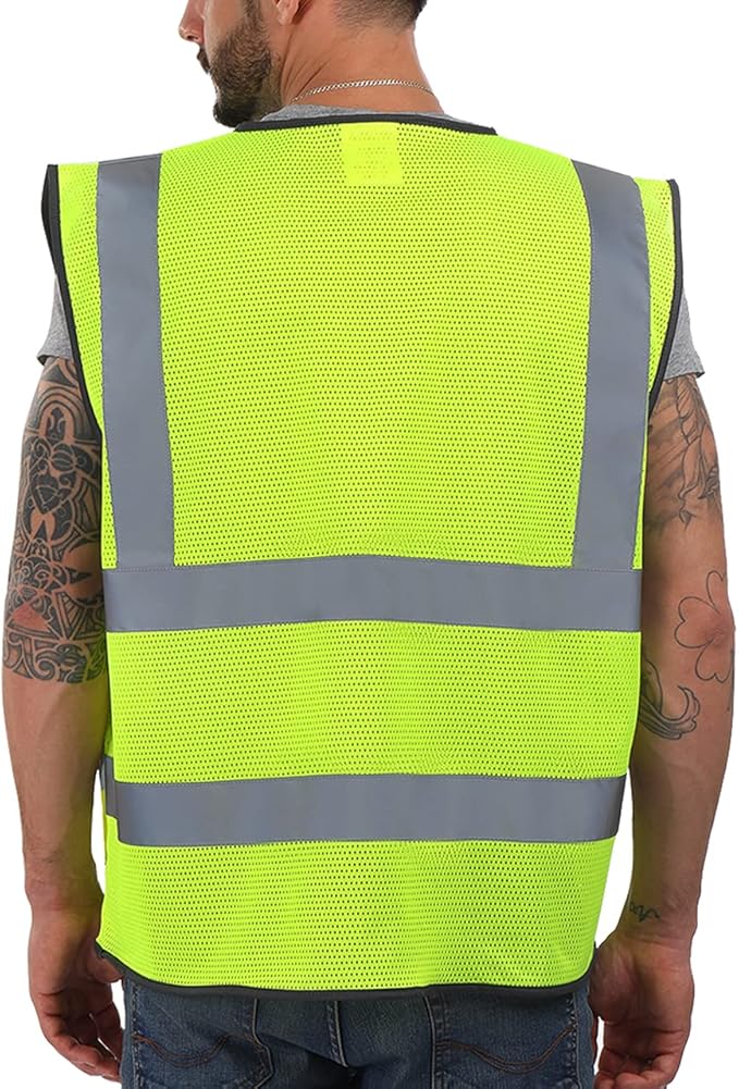 Dib Safety Reflective Vest Mesh, High Visibility Vest with Pockets and Zipper, Construction Work Vest ANSI Class 2, Yellow Mesh L