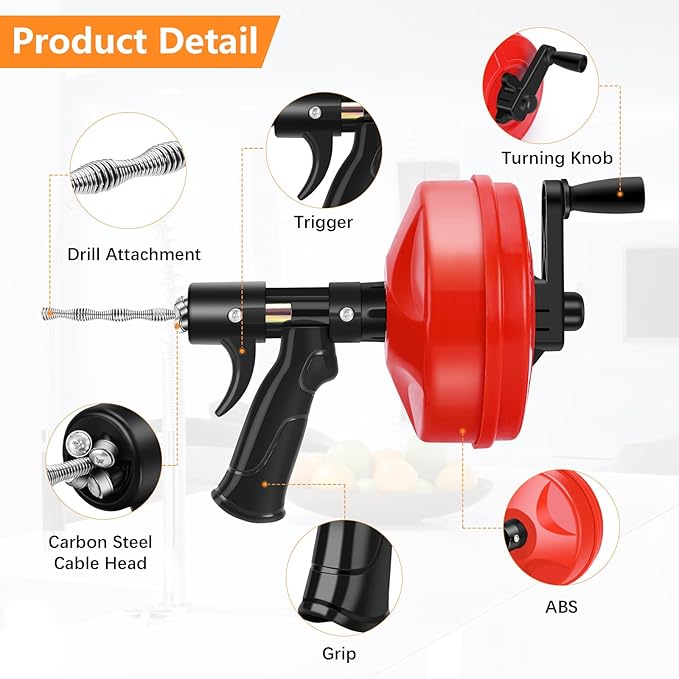 25 FT Drain Snake 2.0 with Double Mode, 10-In-1 Drain Auger for Sink and Drain Unblocking, Plumbing Snake for Real DYIs