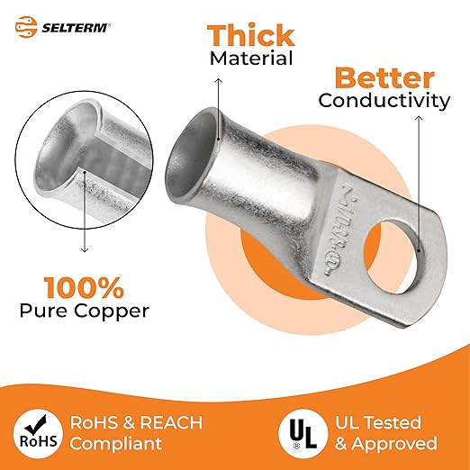 SELTERM 2pcs 1/0 AWG 3/8" Stud Tinned Copper Wire Lugs, Battery Lugs, Ring Terminals, Battery Cable Ends, 0 Gauge Ring Terminal Connectors, UL Marine Grade Electrical Battery Terminal Connectors