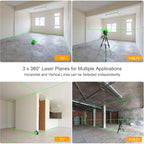 Huepar 3D Green Beam Self-Leveling Laser Level 3 x 360 Cross Line Three-Plane Leveling and Alignment Tool -Two 360 Vertical and One 360 Horizontal Line -Magnetic Pivoting Base GF360G