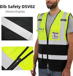 Dib Safety Reflective Vest High Visibility with Pockets and Zipper, Yellow and Black 3XL