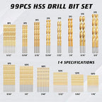 SAE 99PCS Titanium Coated Drill Bit Set, 135° Tip High Speed Steel, Twist Drill Bit Set with Storage Case for Aluminum, Copper, Soft Alloy Steel, Wood, Plastic Size from 1/16" to 3/8"
