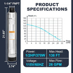 WASSERMANN 4" Septic Pump Submersible Effluent/Cistern Bottom Suction Pump with 33FT Cable,1/2HP,115V/60HZ,26GPM,138FT Head,Stainless Steel Deep Well Pump for Septic Tank Home