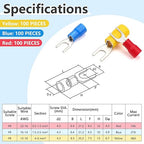 300 Pcs Fork Spade U-Type Wire Connectors, Fork Terminals, Insulated 22-16/16-14/12-10 AWG Electrical Crimp Terminal, Stud Size #8 Size Butt Connectors (Red/Blue/Yellow)