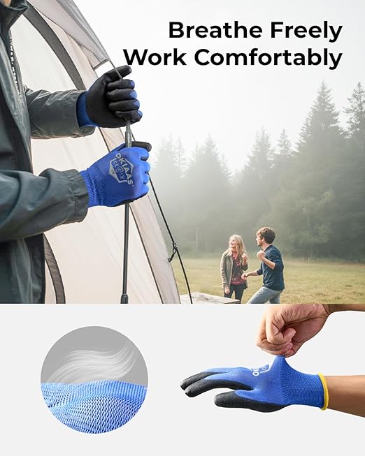 OKIAAS Work Gloves for Men，Ultra Thin and Lightweight Working Gloves with Grip, 12 Pairs Bulk Pack Construction Gloves with Polyurethane Coating, Safety Gloves for Light Duty Work (Green, Large)