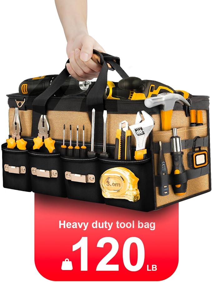 20 Inch Heavy Duty Tool Tote-48 Pockets,1680D Tear&Abrasion Resistant,Includes Tool Pouch,Tool Belt,Magnetic Wristband&Adjustable Shoulder Strap | Tool Organizer(Brown)