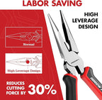 ARROW Needle Nose Pliers, 8-inch Long Nose Cutting Pliers with Wire Cutter, Comfortable TPR Handle, High Carbon Steel, High Leverage Diagonal Design