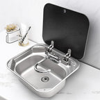 Portable RV Sink, 16.54×14.57×5.91 Inch Small Stainless Steel Bar Camping Sink with Folde Faucet and Tempered Glass Cover for Camper Trailer Caravan