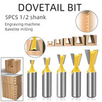 5Pcs Dovetail Router Bit Set 1/2 Inch Shank Half-Blind & Through Dovetail Bits Wood Joints Cutter Tool for Making Boxes Drawers Chests For Engraving Router planing Head Wood Cutter
