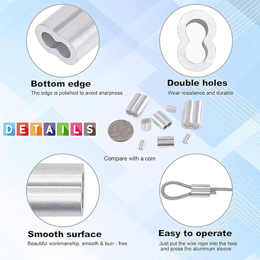 Glarks 100Pcs 1/6''(4mm) Aluminum Crimping Loop Sleeve Wire Rope Sleeves Double Barrel Ferrule for Wire Rope and Cable Line End (1/6''-100Pcs)
