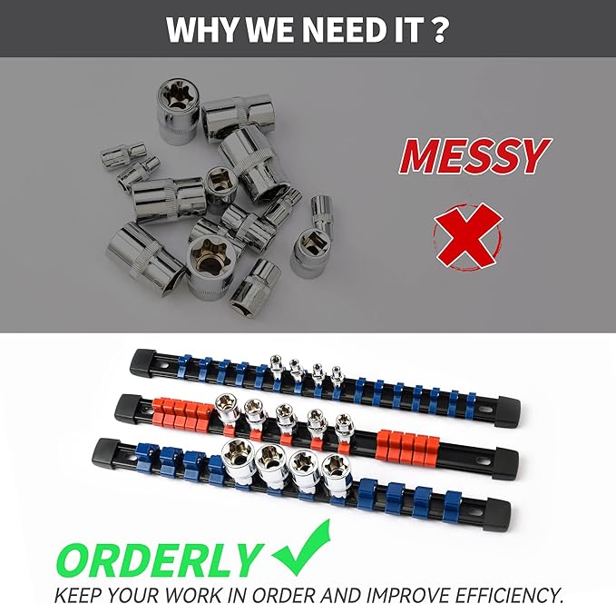 Socket Organizer Drive ABS Tools - Socket Holder, Premium Quality 6 Pieces Socket Holders Kit 1/4-Inch x 32 Clips, 3/8-Inch x 30 Clips, 1/2-Inch x 24 Clips