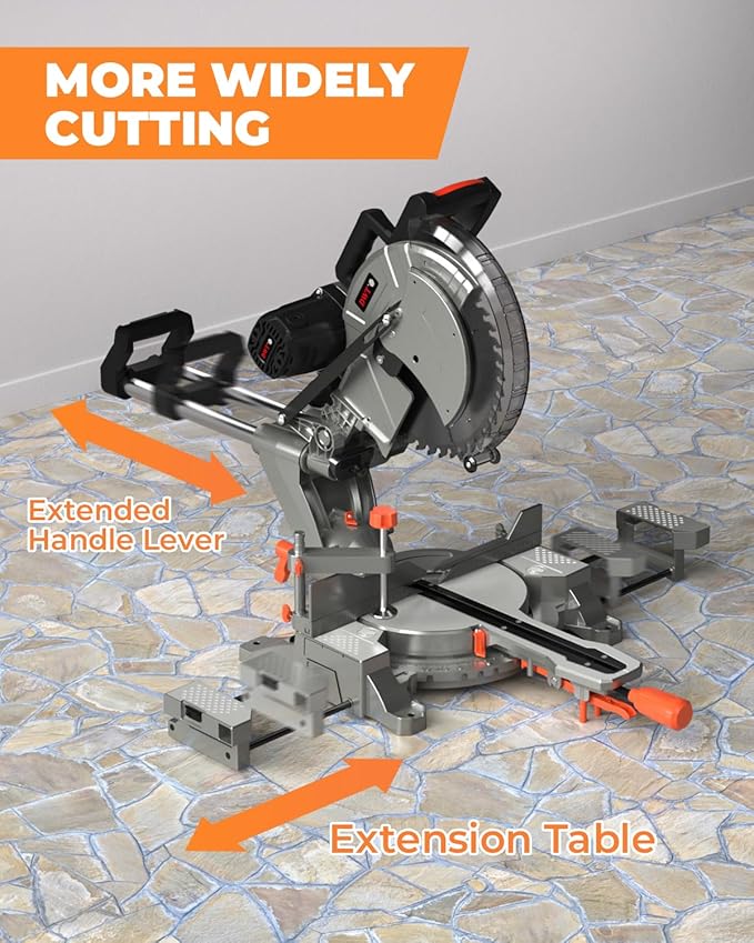 12-inch Compound Miter Saw with Double Bevel Cutting (-45/0/+45), Laser Guide, 9 Positive Stops, 3800RPM, 15Amp Miter Saw with Extension Table, 4.2x13in Cutting Capacity