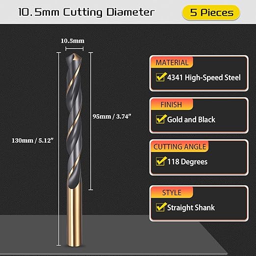 Drill Bit, 10.5mm Cutting Diameter, 4341 HSS Gold and Black 118° Cutting Angle Number Jobber Bits - (Applications: for Drilling Soft Metal Plastic Wood), 5-Pieces