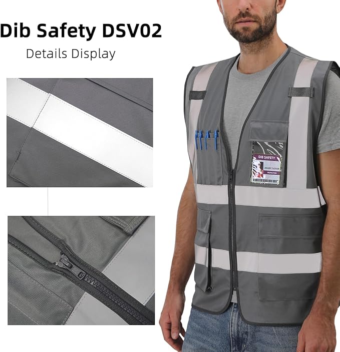 Dib Safety Reflective Vest High Visibility with Pockets and Zipper, Gray M