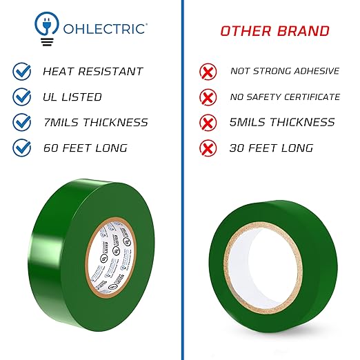 OHLECTRIC Colored Electrical Tape UL/CSA Listed, Multicolor High Temp Flame-Retardant Electrical Tape, Heat & Weather Resistant 3/4in x 60ft 7mm Thick Industrial Grade Vinyl (10 Rolls)