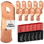 SELTERM 10pcs - 1/0 Awg - 1/4" Stud - Battery Lugs - Ring Terminal Connectors | with 12pcs 3:1 Black & Red Heat Shrink Tubing with Adhesive | Heavy Duty Battery Cable Ends - Bare Copper Wire Lugs Kit