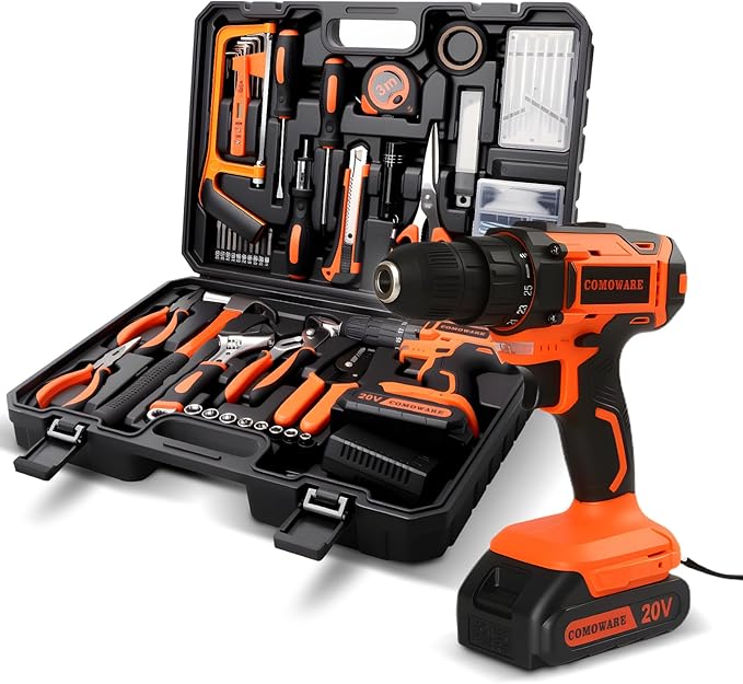 COMOWARE 20V Cordless Drill Set Combo Kit,120 Pcs Tool Kit for Home, Household Tool Sets for Men, Basic Tool Kit with Power Drill, Tool Set with Drill for Garden Office Home Repair