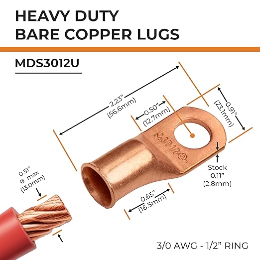 SELTERM 2pcs 3/0 AWG 1/2" Stud Copper Wire Lugs, Ring Terminals, Battery Cable Ends, 000 Gauge Ring Terminal Connectors, UL Heavy Duty Bare Copper Eyelets Battery Terminal Connectors