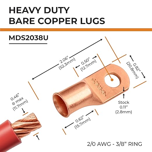 SELTERM 5pcs 2/0 AWG 3/8" Stud Copper Wire Lugs, Battery Lugs, Ring Terminals, Battery Cable Ends, 00 Gaug Ring Terminal Connectors, UL Heavy Duty Bare Copper Eyelets Battery Terminal Connectors