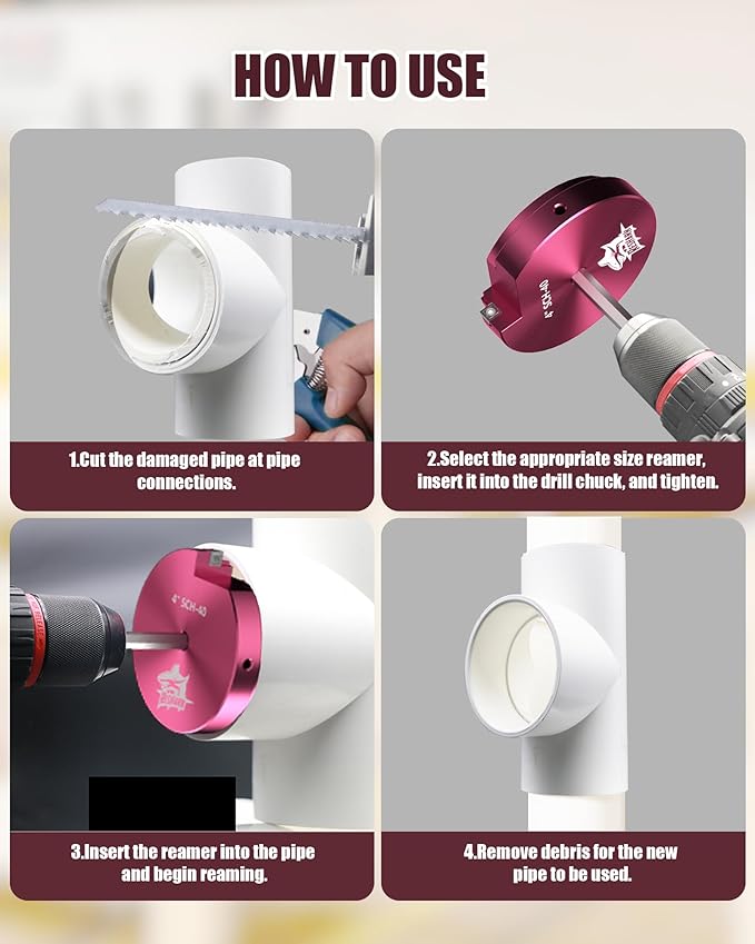 2 Pcs PVC Pipe Reamer Kit, PVC Fitting Saver, Plastic Pipe Fitting Reamer Socket Saver Plumbing Tool Includes 1 1/2'', 2'' for Schedule 40 Fits Standard 1/2" Drill