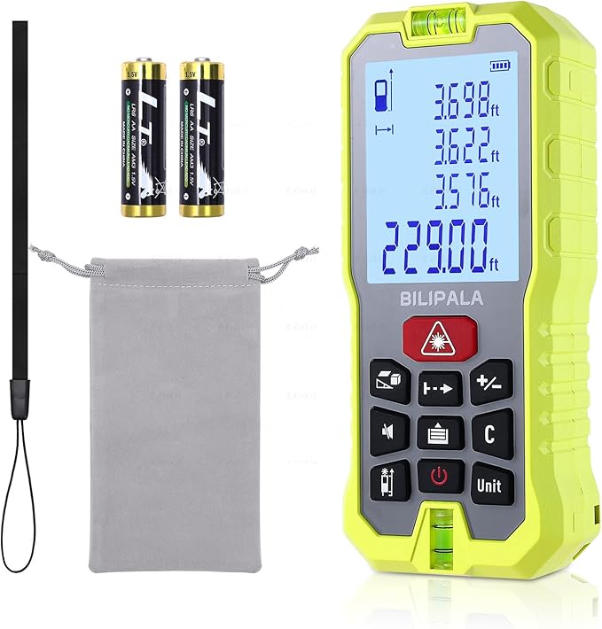 Laser Measure, 70M/229ft Digital Laser Tape Measure with 2 Bubble Levels, Backlit LCD, Portable Laser Rangefinder M/in/Ft Unit Switching, Measuring Distance,Area,Volume,Pythagorean(Red)