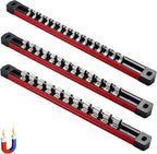 ALOANES 3-Piece Magnetic Socket Organizer, Heavy Duty Aluminum Socket Rails Organizer, Socket Rail Holder for Tool Box, 1/2, 3/8, 1/4-Inch Socket Holder x 39 Stainless Clips (Red)