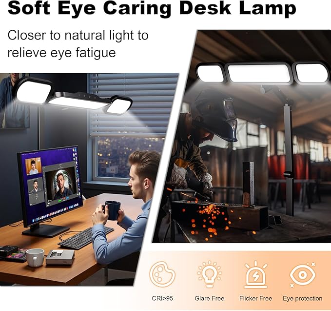 LED Desk Lamp with Clamp,Adjustable Swing Arm Desks Lamps for Home Office,Dimmable Tempering Eye Care Desk Light Bright Modern Led Table Lamp for Nail Tech Archite (3 Section Swing Arm)