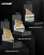 Lichamp 13-Piece HSS Drill Bit Set, Titanium Coating High-Speed Steel Drill Bits from 1/16" to 1/4" for Metal, Steel, Cast Iron and Plastic - Comes with Indexed Storage Case