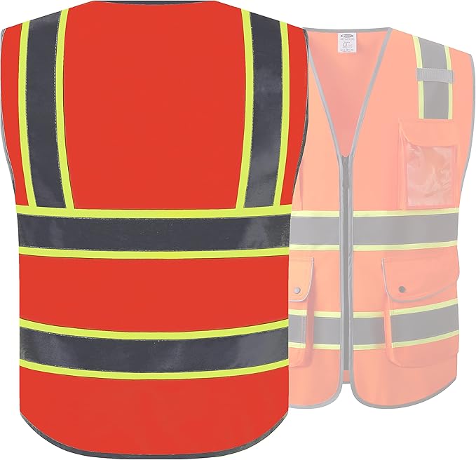 JKSafety 9 Pockets Hi-Vis Neon Orange Color Zipper Front Safety Vest with Fluorescent Yellow Extend Edge outlining the Reflective Tapes Meet ANSI/ISEA Class 2 Standard (901-Orange, 5X-Large)