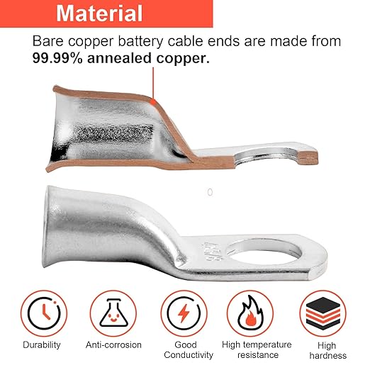 2 AWG 3/8" Stud (25 pcs.), Heavy Duty Tinned Battery Ring Terminal 2 Gauge Connectors 2 Gauge Copper Ring Terminals Wire Lugs Bare Copper Eyelets Tubular Ring Terminal Connectors