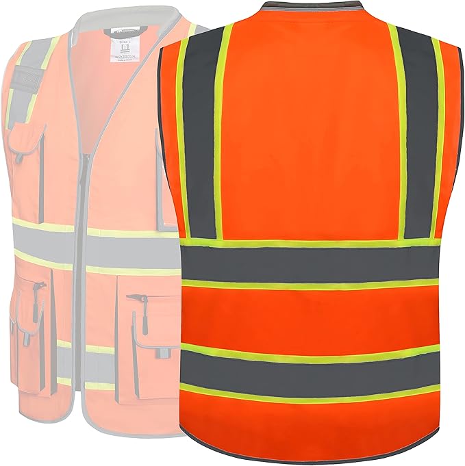 JKSafety 10 Pockets Class 2 Hi-Vis Zipper Front Safety Vest | Cushioned Collar | High Reflective Tapes with Extended Neon Yellow Strips | Meets ANSI/ISEA Standards (Large, 89-Orange)