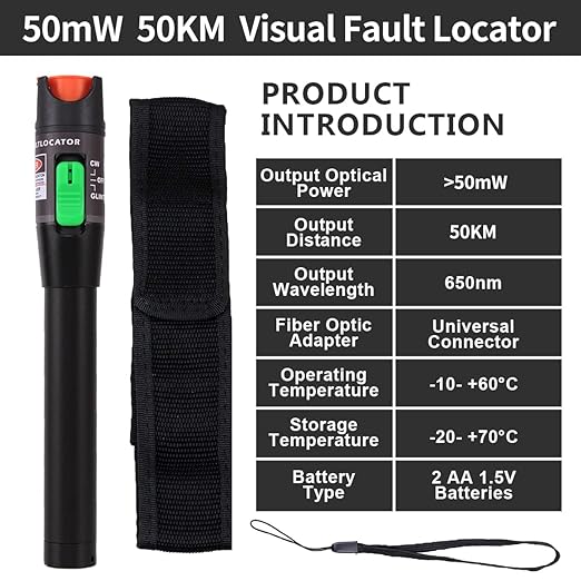 Visual Fault Locator 50KM Fiber Optic Cable Tester Meter Red Light VFL with 2.5mm Universal Connector for FC/SC/ST Adapter Pen for CATV Telecommunications Engineering Maintenance