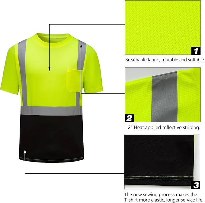 High Visibility Shirts Quick Dry Safety T Shirts with Reflective Strips and Pocket Short Sleeve Mesh Hi Vis Construction Work Class 2 Shirt for Men/Women Black Bottom Lime,5XL