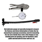 Disc Brake Rotor Ball Joint Gauge, 0-1” by 0.001” Dial Indicator, Automobile Brake Disc Flatness Runout Backlash Measuring Tool, with 13” Flexible Stem Holder & Locking Pliers