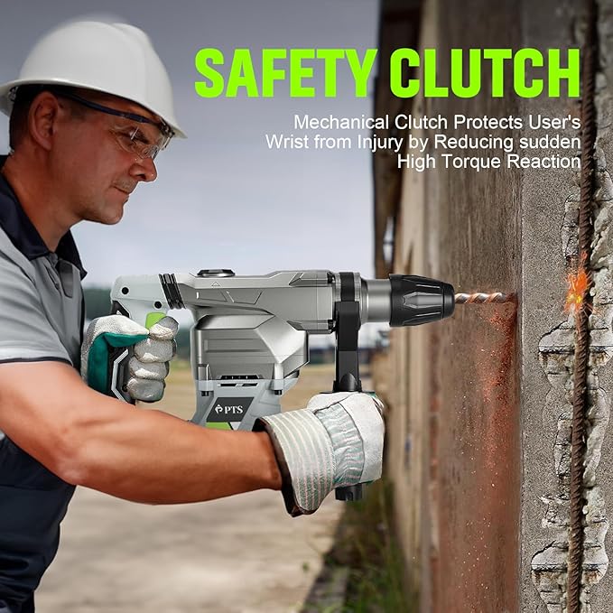 PTS 1-9/16 Inch SDS-Max Rotary Hammer, 13.5 Amp Heavy Duty 3 Functions Corded Concrete Demolition Hammer, w/Vibration Control & Safety Clutch, Includes Drill Bits, Chisels, Carrying Case (Green)