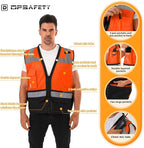 Reflective Safety vest With back plan pocket,High visibility Class 2 Heavy Duty Surveyor Vest with Zipper,Hi Vis Construction Work Vest for Men＆Women ANSI/ISEA(Orange-Bottom,M)