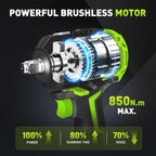 Brushless Cordless Impact Wrench, 850Nm (630Ft-lbs) High Torque, 1/2 Inch Impact Gun with 20V 4Ah Battery, 3-Speed, 4 Cr-V Sockets (17/19/21/22mm) for Car Tire, Mower Lug Nut