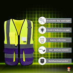 A-SAFETY Reflective Safety Vest, Hi Vis 9 Pockets High Visibility Zipper Front Safety Vest, Yellow&Purple Color Mixed, L