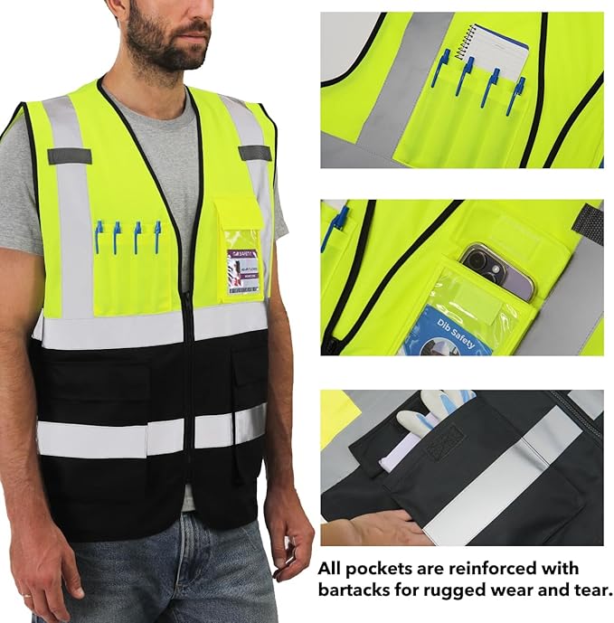 Dib Safety Reflective Vest High Visibility with Pockets and Zipper, Yellow and Black 4XL