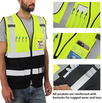 Dib Safety Reflective Vest High Visibility with Pockets and Zipper, Yellow and Black S
