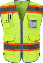 TCCFCCT High Visibility Vest 9 Pockets Reflective Safety Vest for Men Women, Hi Vis Construction Work Vest with Orange Extend Edge for Surveyors, Durable to Use, Meets ANSI/ISEA, (DB-Yellow, X-Large)