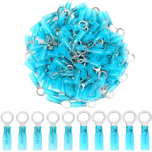 160 PCS 5/16'' Heat Shrink Ring Terminals (16-14 AWG), Insulated Ring Terminals, Nylon Eyelet Wire Connectors, Crimp Electrical Connectors, Marine Grade Ring Terminals for Auto, Audio (Blue)