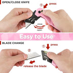 WORKPRO Folding Utility Knife, Quick Change Box Cutter, Razor Knife for Cartons, Cardboard, Boxes, Blade Storage in Aluminum Handle, 13 Extra Blades Included - Pink Ribbon