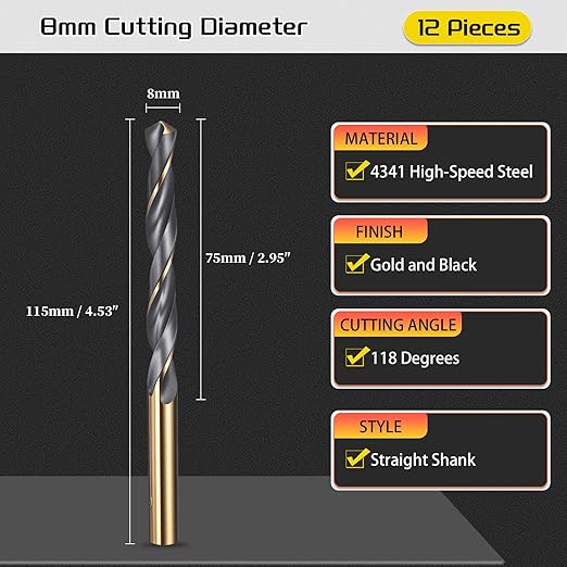 Drill Bit, 8mm Cutting Diameter, 4341 HSS Gold and Black 118° Cutting Angle Number Jobber Bits - (Applications: for Drilling Soft Metal Plastic Wood), 12-Pieces